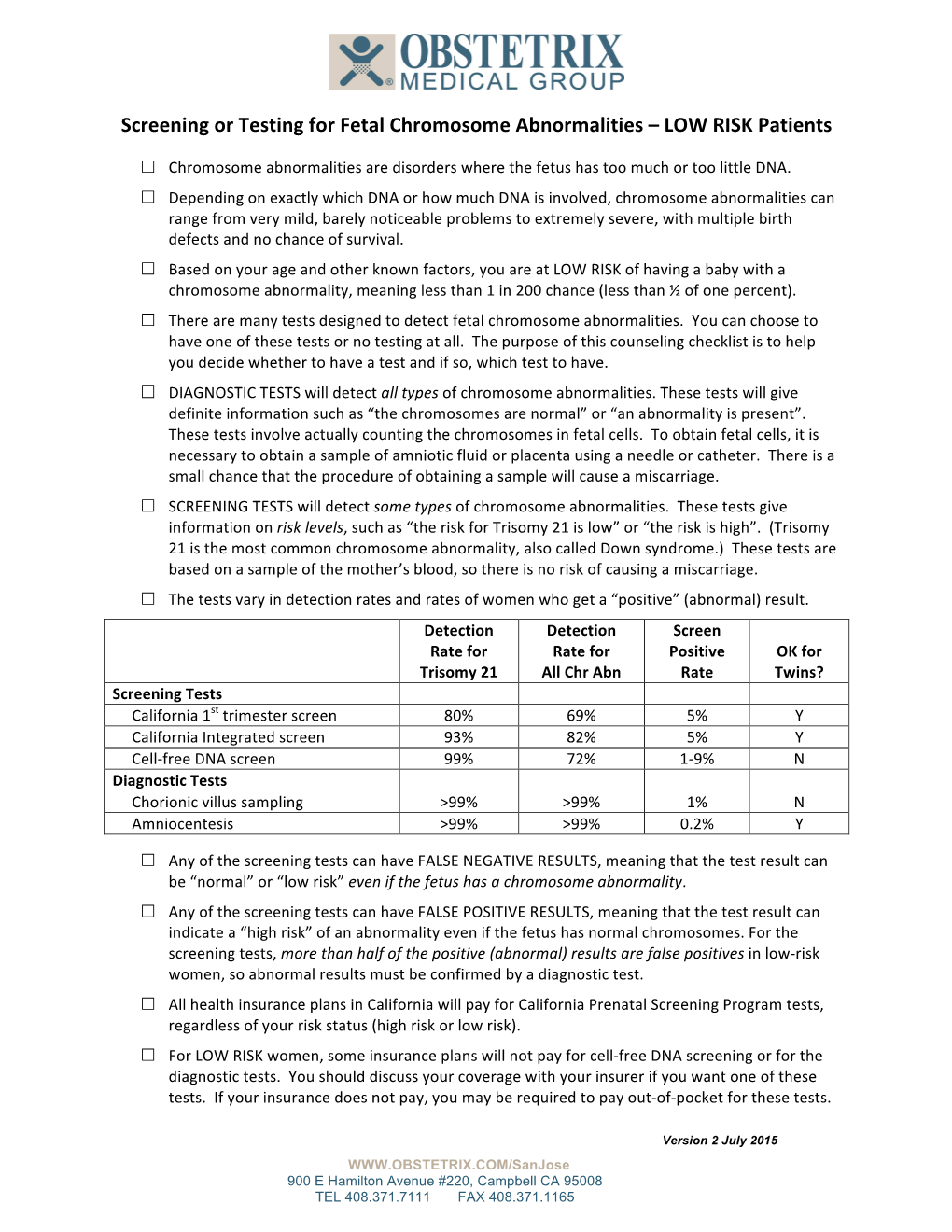 Screening Or Testing for Fetal Chromosome Abnormalities – LOW RISK Patients