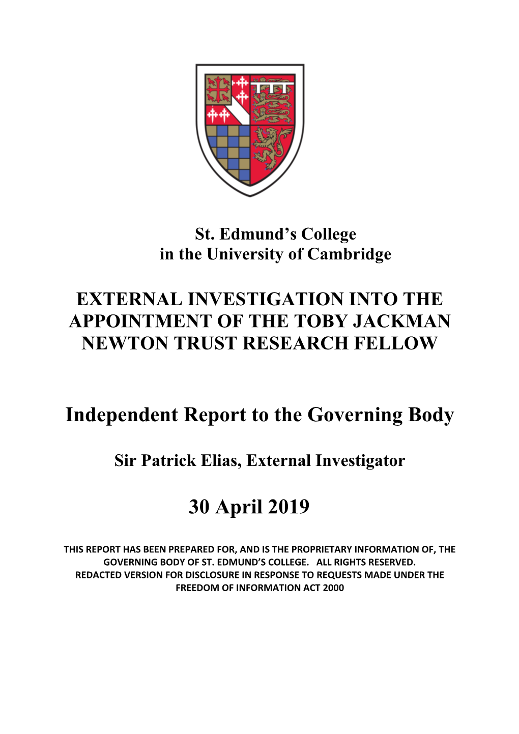 Independent Report to the Governing Body 30 April 2019