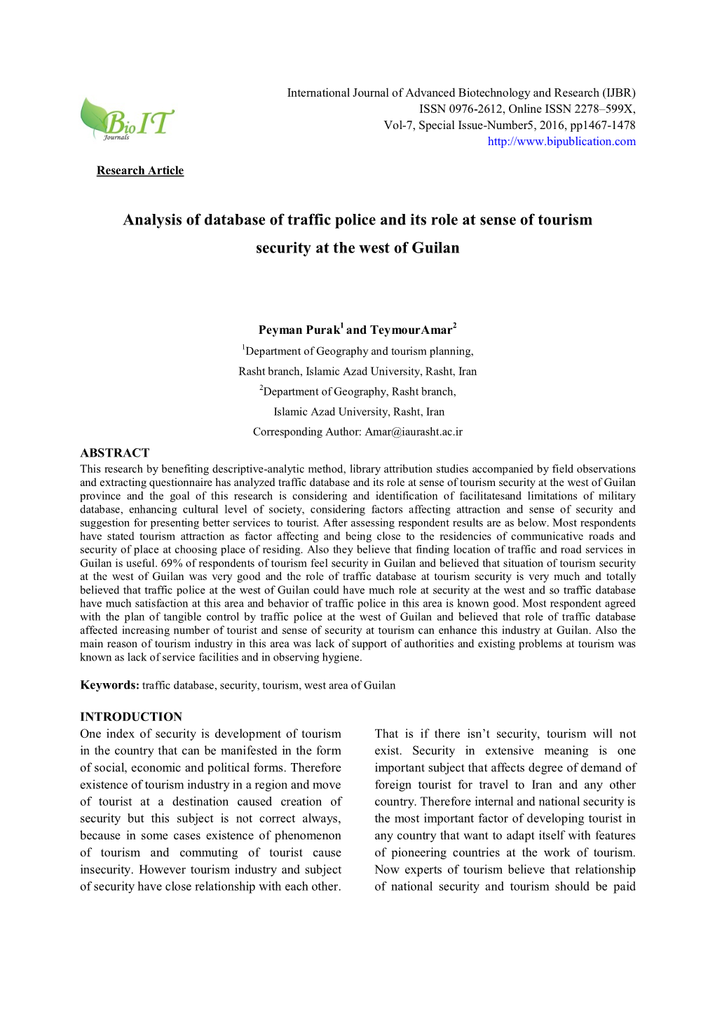 Analysis of Database of Traffic Police and Its Role at Sense of Tourism Security at the West of Guilan