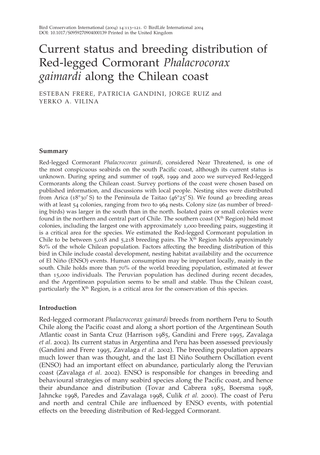 Current Status and Breeding Distribution of Red-Legged Cormorant Phalacrocorax Gaimardi Along the Chilean Coast