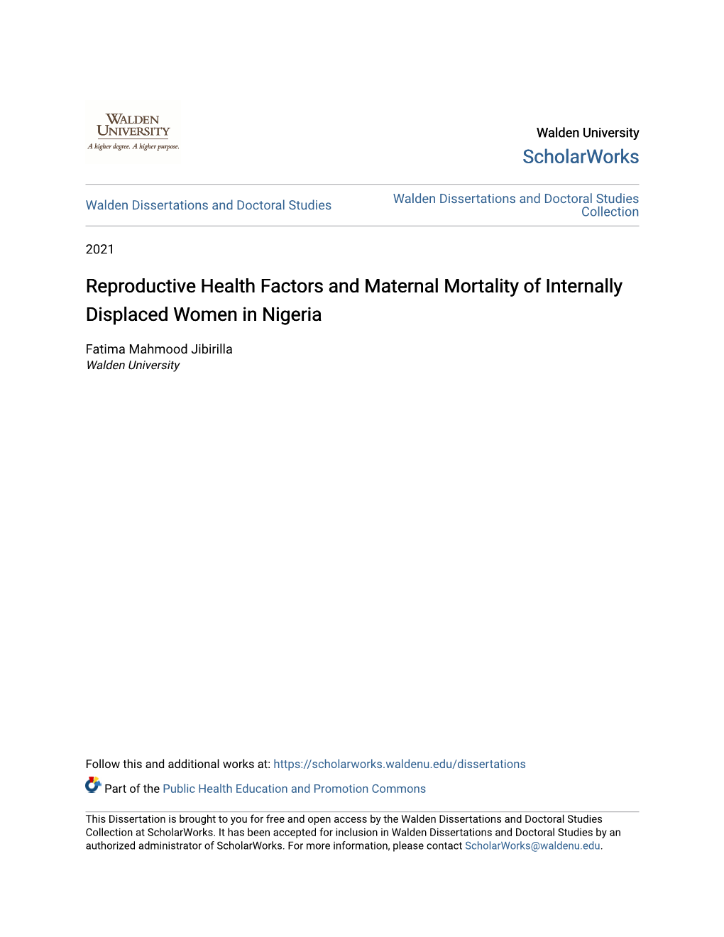 Reproductive Health Factors and Maternal Mortality of Internally Displaced Women in Nigeria