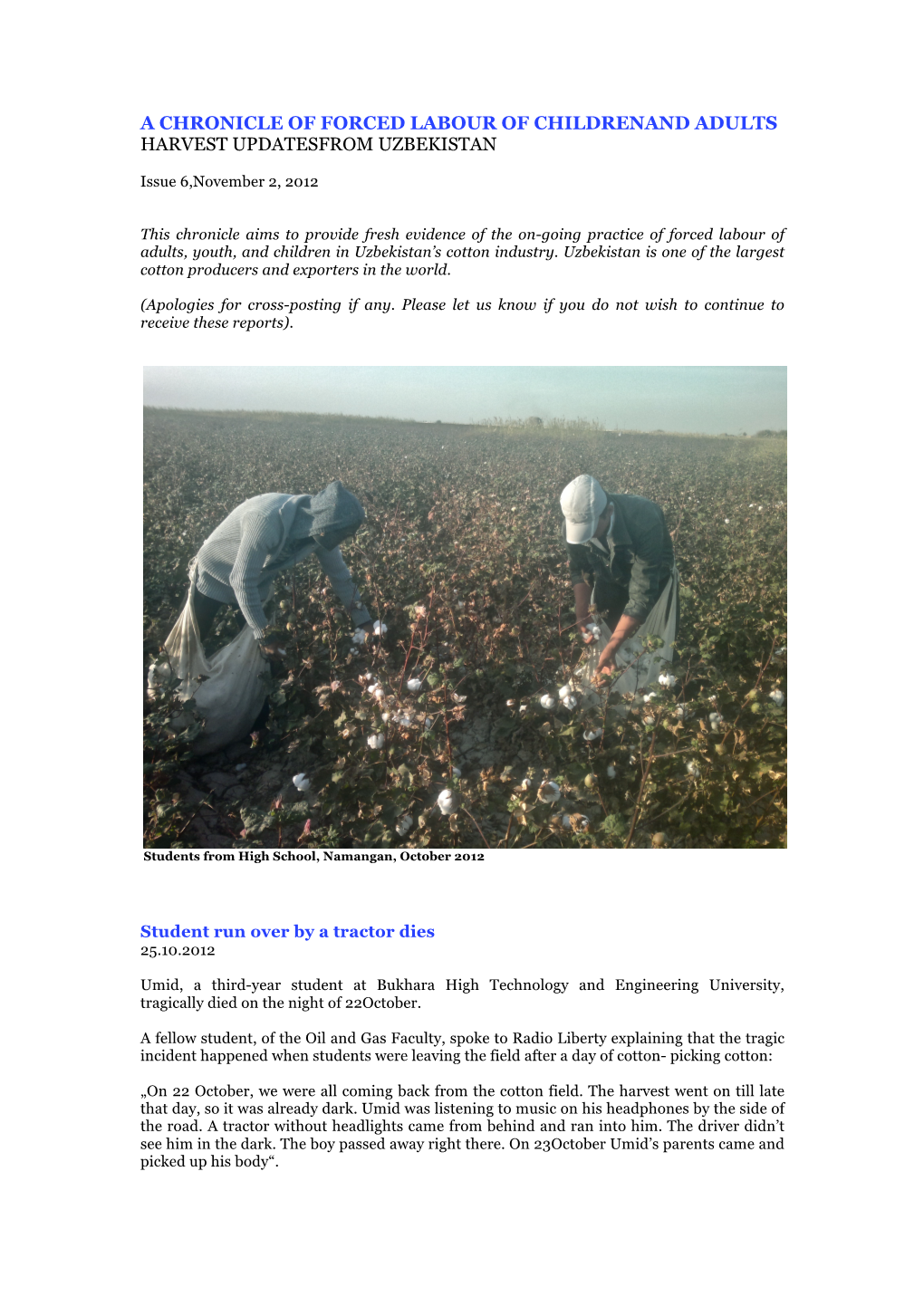 A Chronicle of Forced Labour of Childrenand Adults Harvest Updatesfrom Uzbekistan