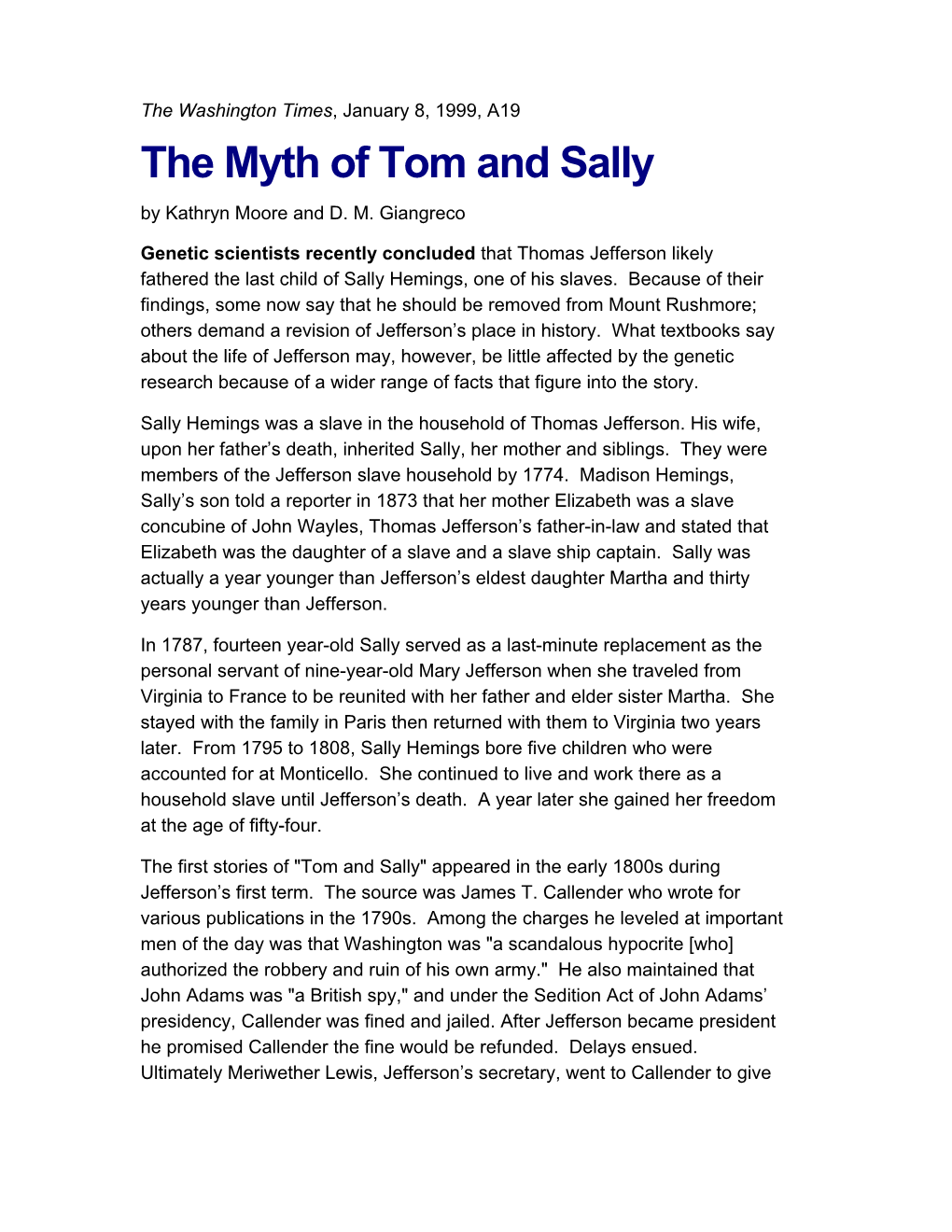 The Myth of Tom and Sally by Kathryn Moore and D