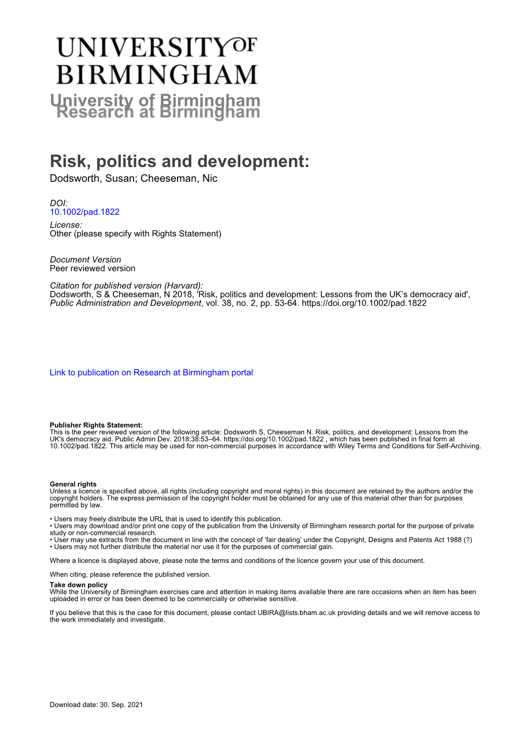 University of Birmingham Risk, Politics and Development