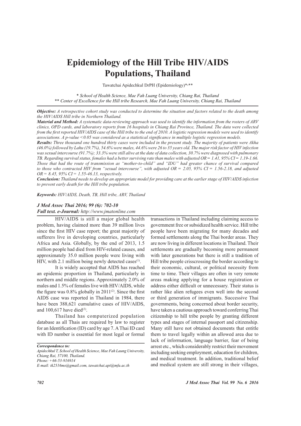 Epidemiology of the Hill Tribe HIV/AIDS Populations, Thailand