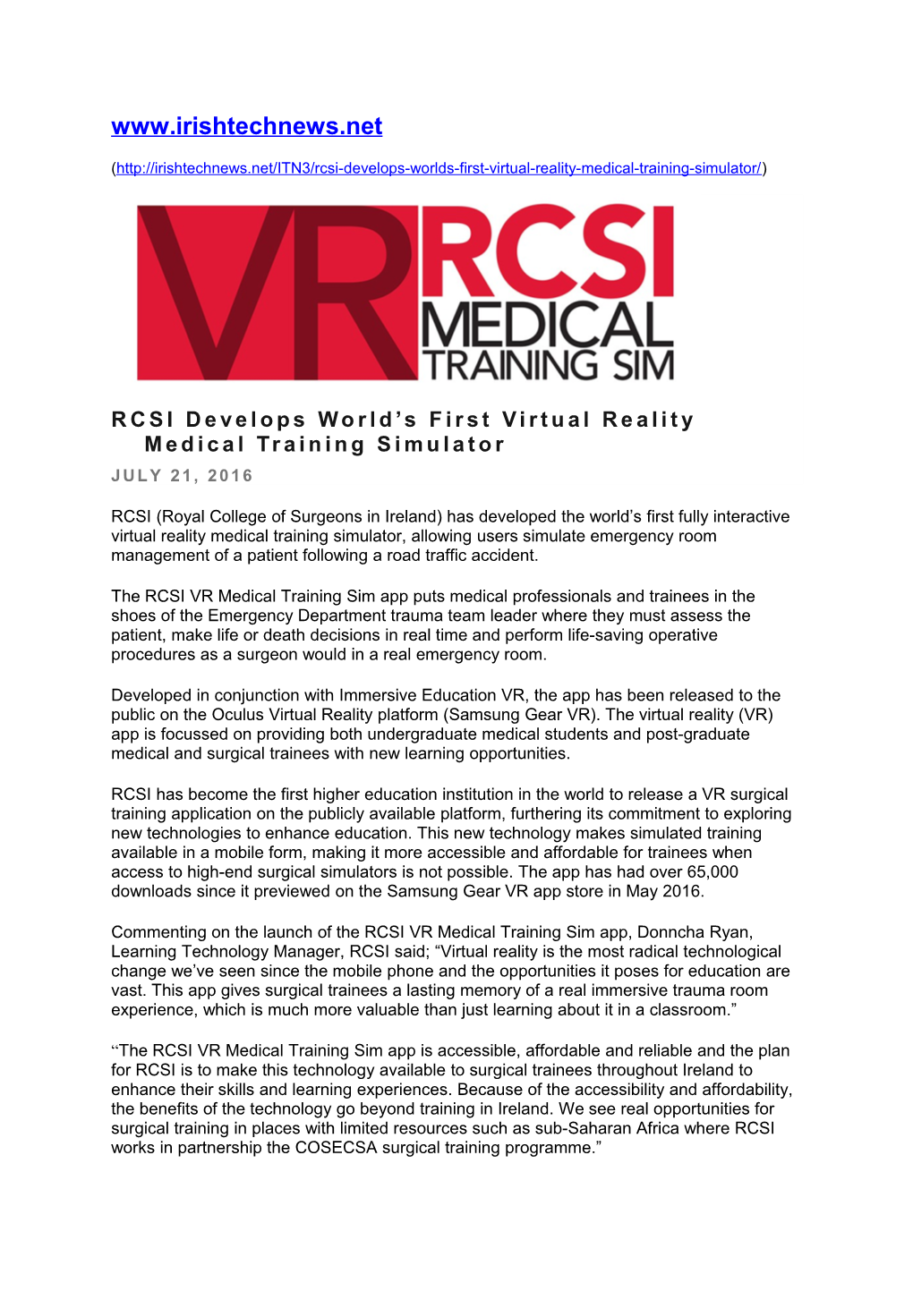 RCSI Develops World S First Virtual Reality Medical Training Simulator JULY 21, 2016