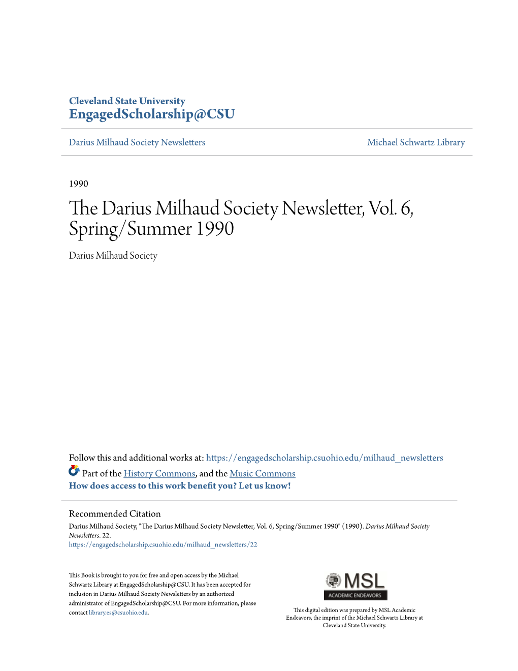 The Darius Milhaud Society Newsletter, Vol. 6, Spring/Summer