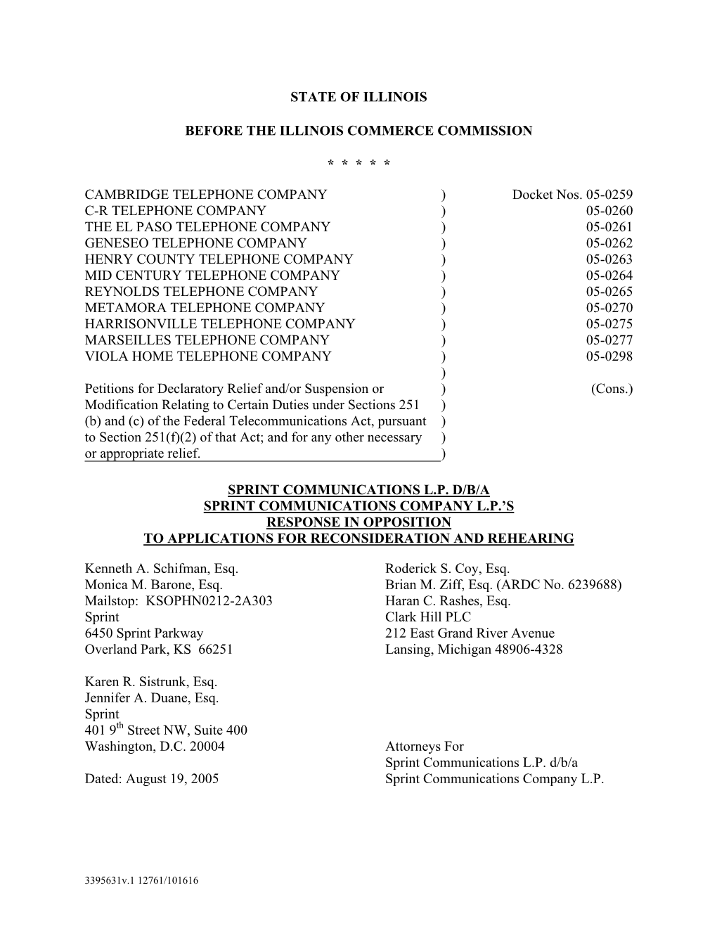 ICC Docket No. 05-0259 Et Al