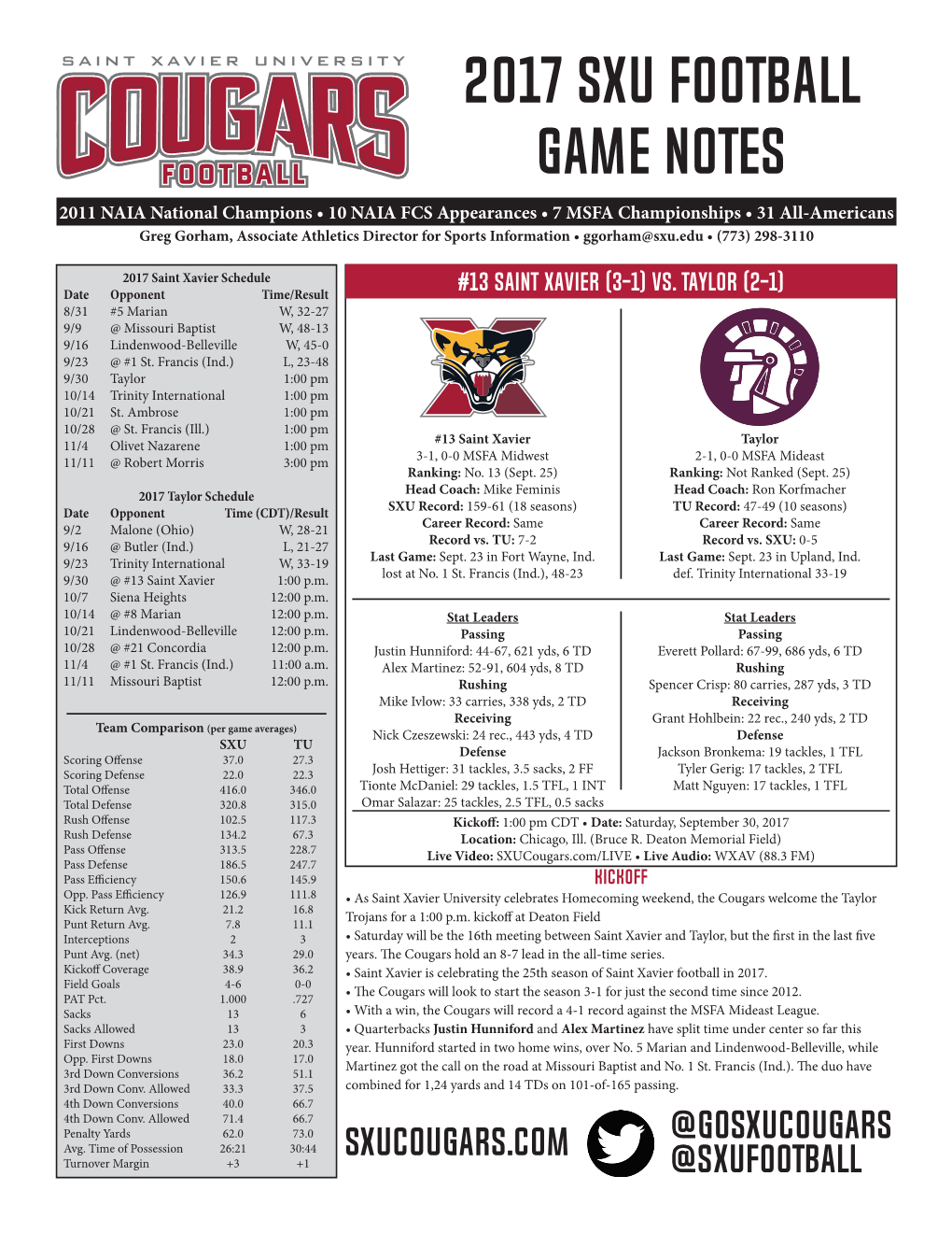 2017 SXU Football Game Notes