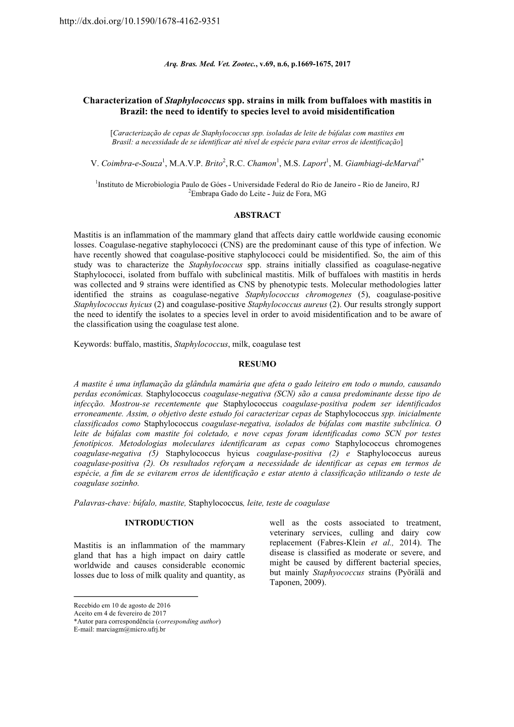 Characterization of Staphylococcus Spp. Strains in Milk from Buffaloes with Mastitis in Brazil: the Need to Identify to Species Level to Avoid Misidentification