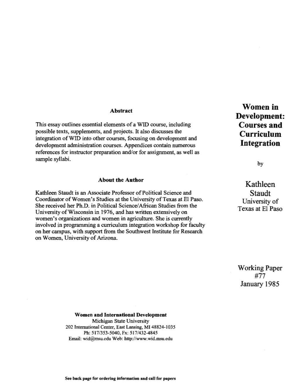 Women in Development: This Essay Outlines Essential Elements of a WID Course, Including Courses and Possible Texts, Supplements, and Projects