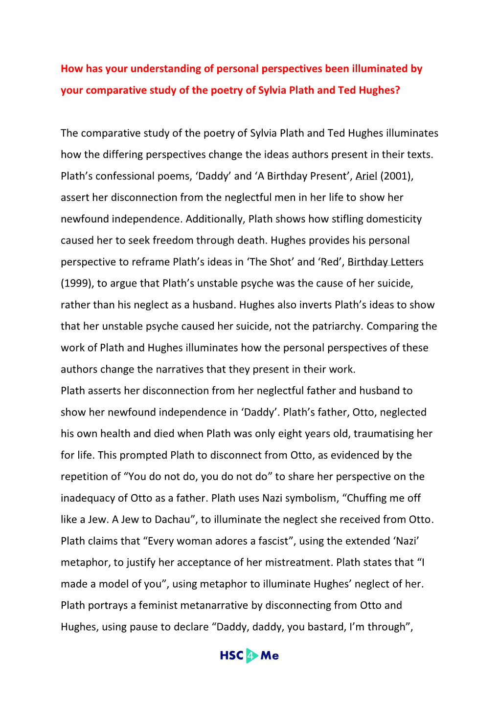 How Has Your Understanding of Personal Perspectives Been Illuminated by Your Comparative Study of the Poetry of Sylvia Plath and Ted Hughes?