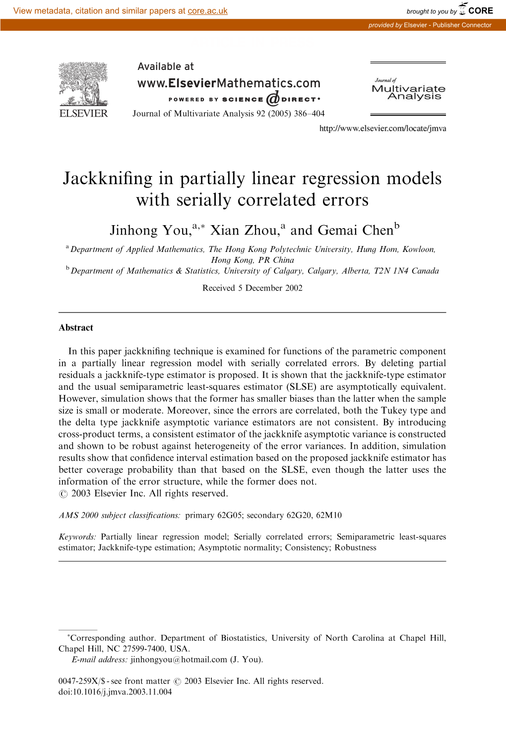 Jackknifing in Partially Linear Regression Models with Serially