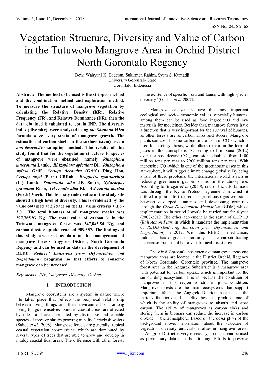 Vegetation Structure, Diversity and Value of Carbon in the Tutuwoto Mangrove Area in Orchid District North Gorontalo Regency