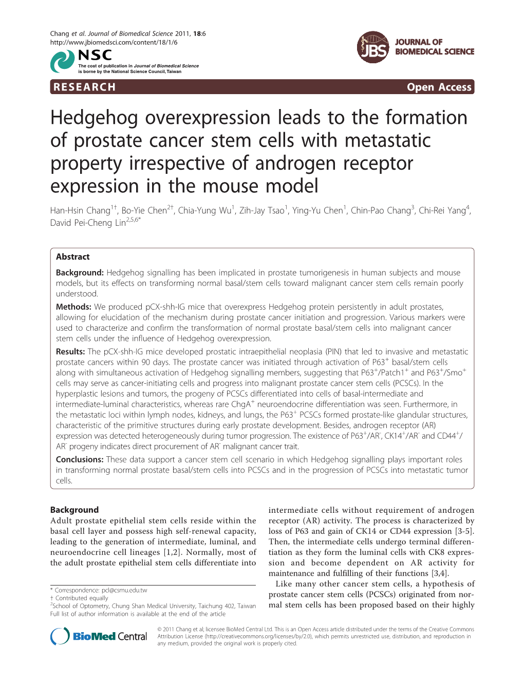 Hedgehog Overexpression Leads to the Formation of Prostate Cancer