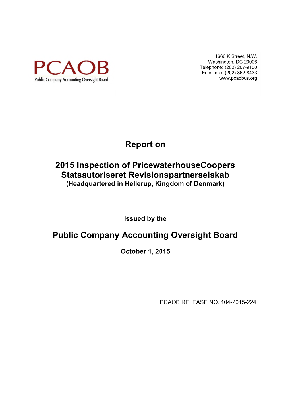 Report on 2015 Inspection of Pricewaterhousecoopers