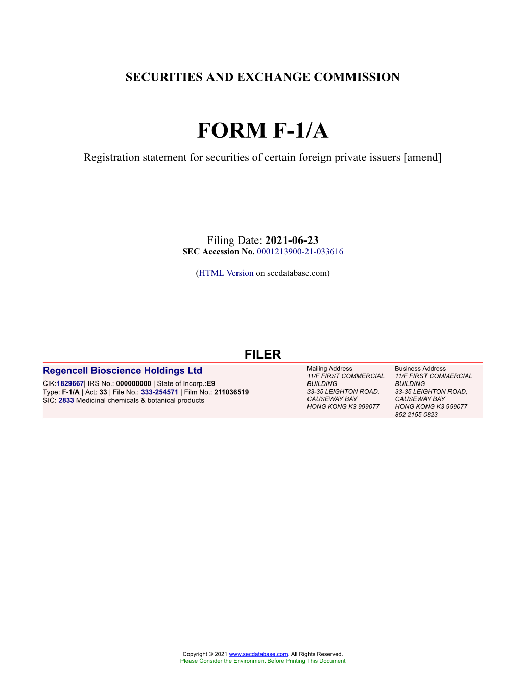 Regencell Bioscience Holdings Ltd Form F-1/A Filed 2021-06-23