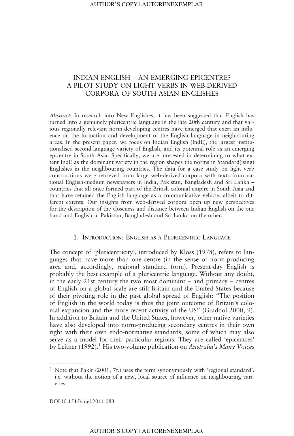 Indian English – an Emerging Epicentre? a Pilot Study on Light Verbs in Web-Derived Corpora of South Asian Englishes