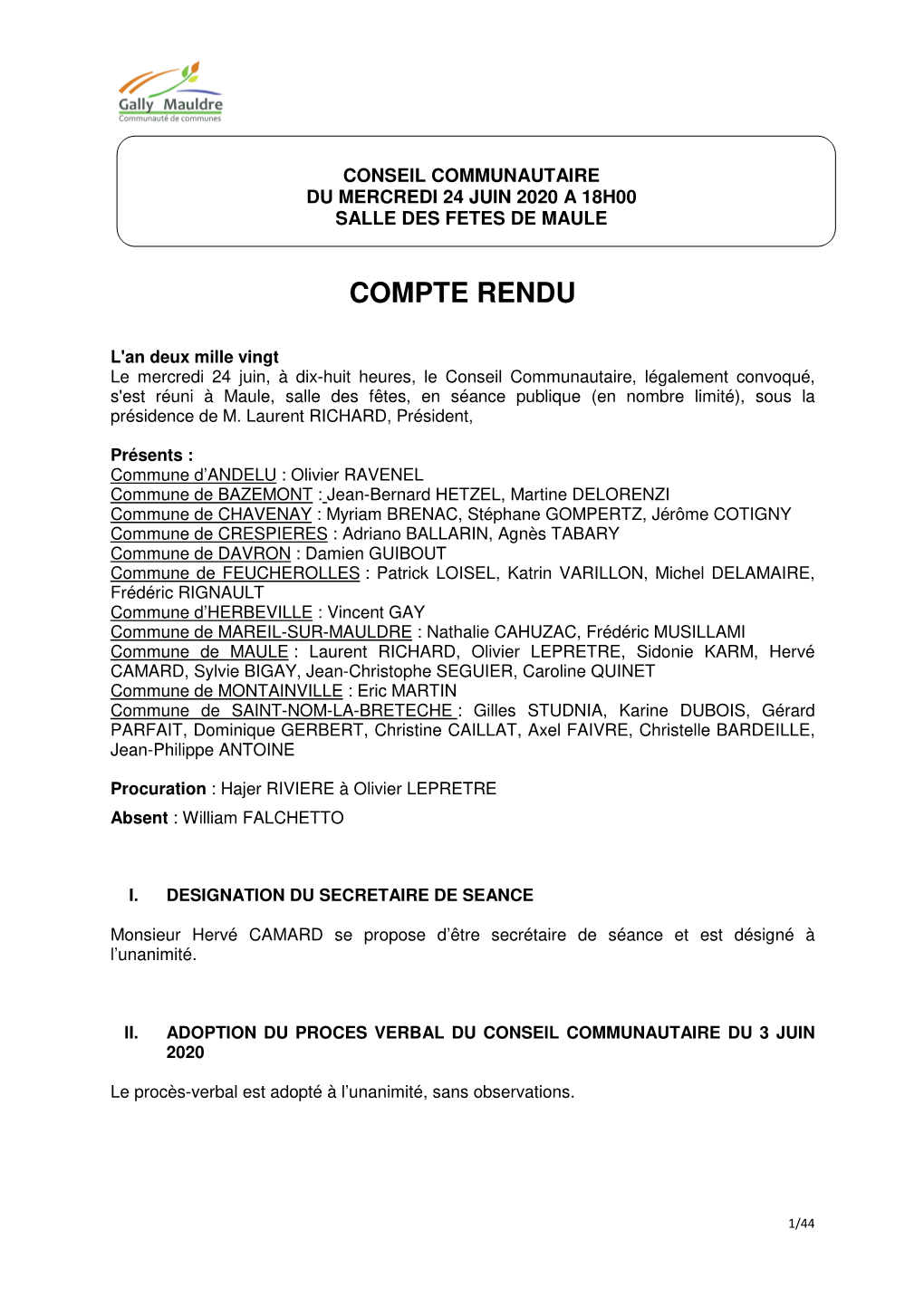 COMPTE RENDU Conseil Communautaire Du 24 Juin 2020