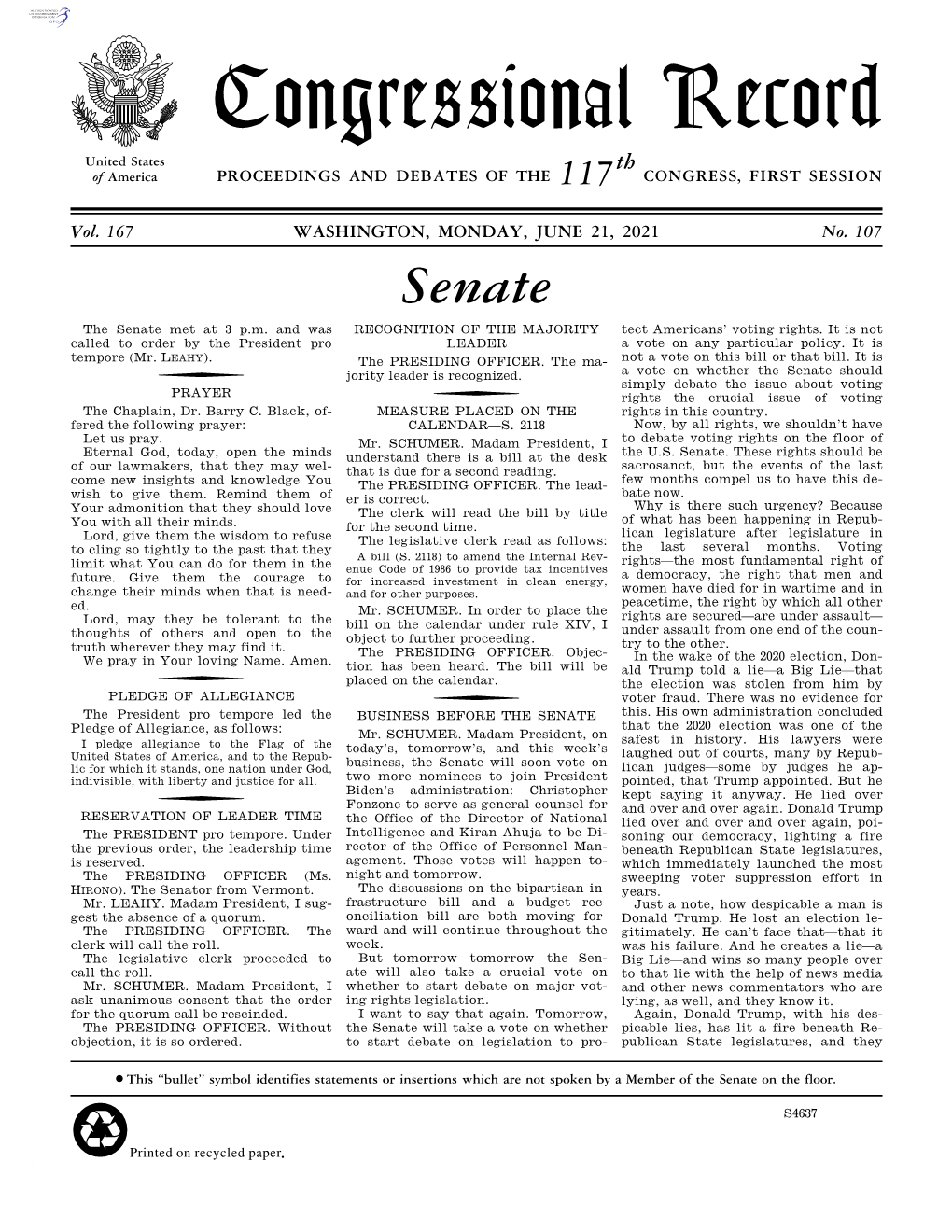 Congressional Record United States Th of America PROCEEDINGS and DEBATES of the 117 CONGRESS, FIRST SESSION