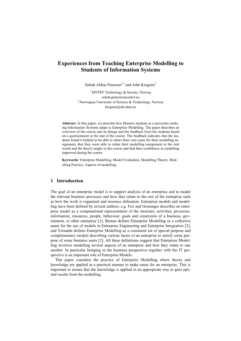 Experiences from Teaching Enterprise Modelling to Students of Information Systems