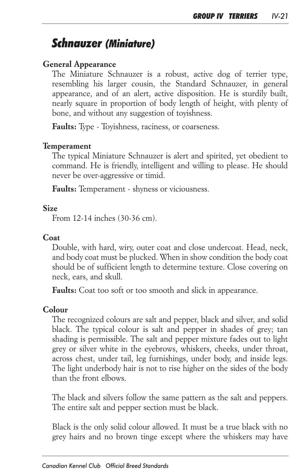 Schnauzer Miniature Breed Standard