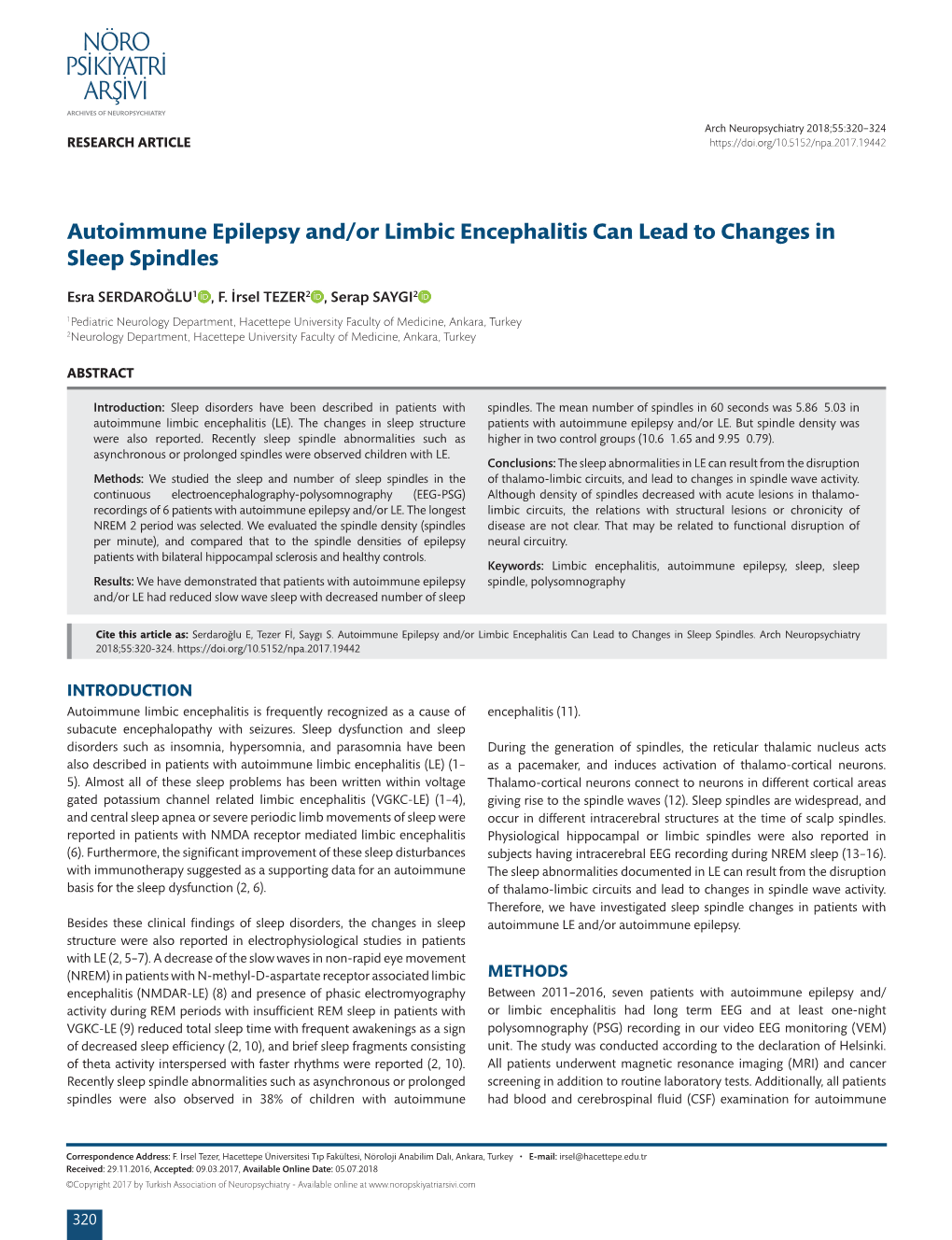 Autoimmune Epilepsy And/Or Limbic Encephalitis Can Lead to Changes in Sleep Spindles