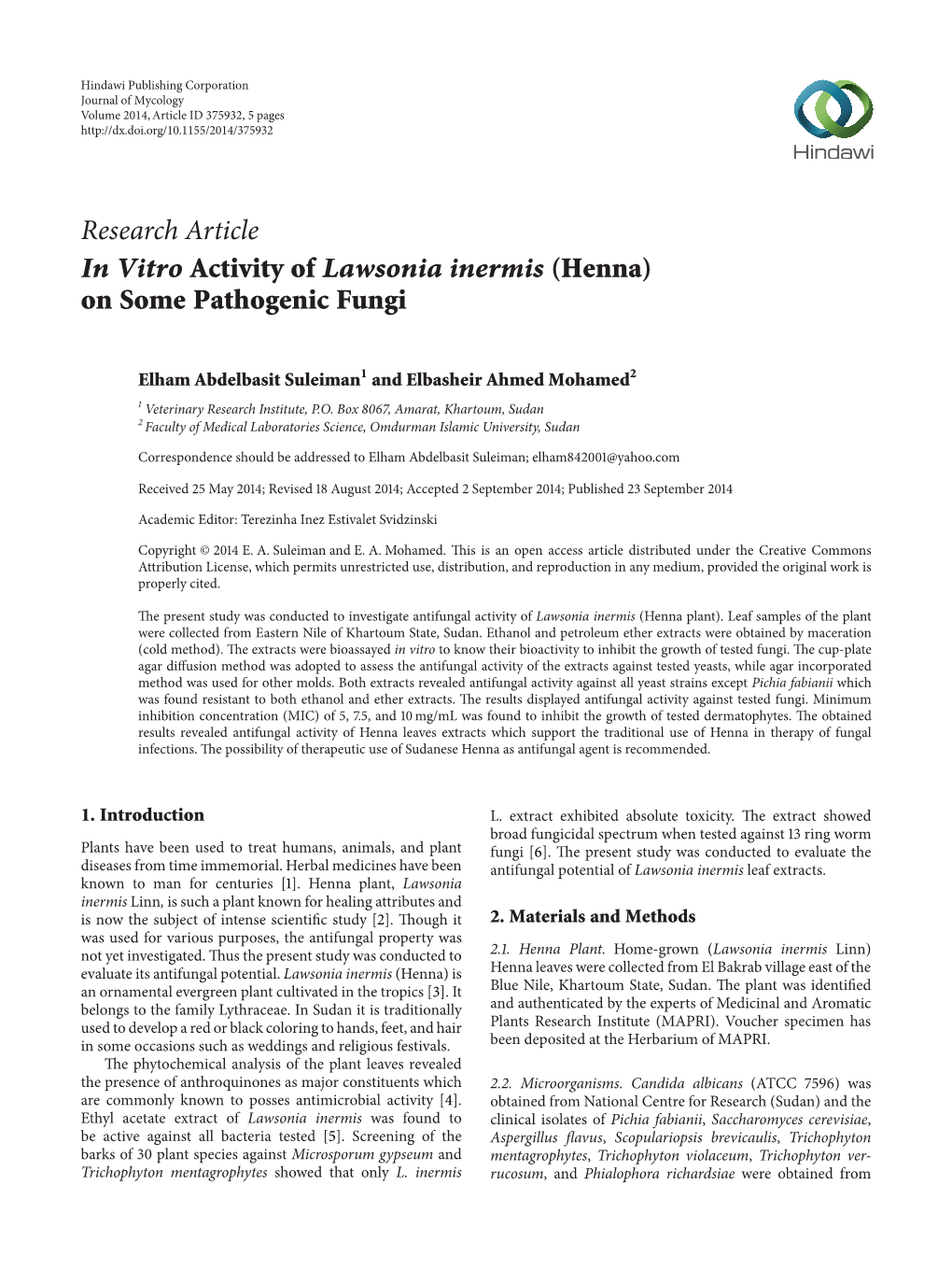 In Vitro Activity of Lawsonia Inermis (Henna) on Some Pathogenic Fungi