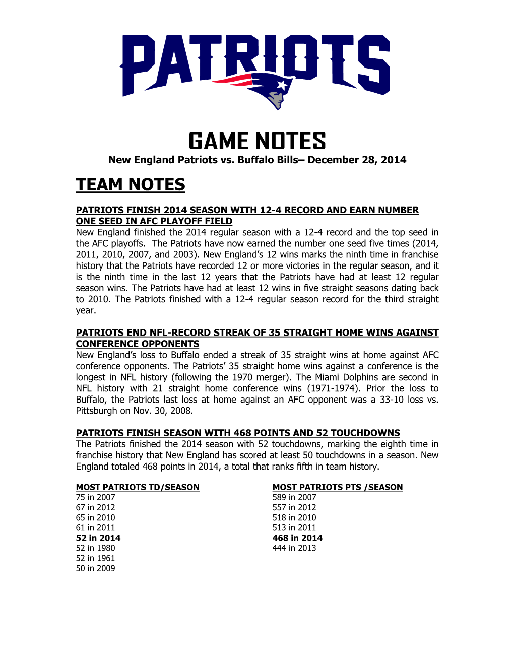 Patriots at Philadelphia Game Notes