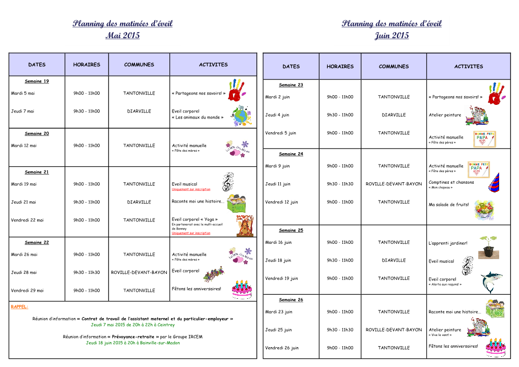 Planning Des Matinées D'éveil Mai Et Juin 2015