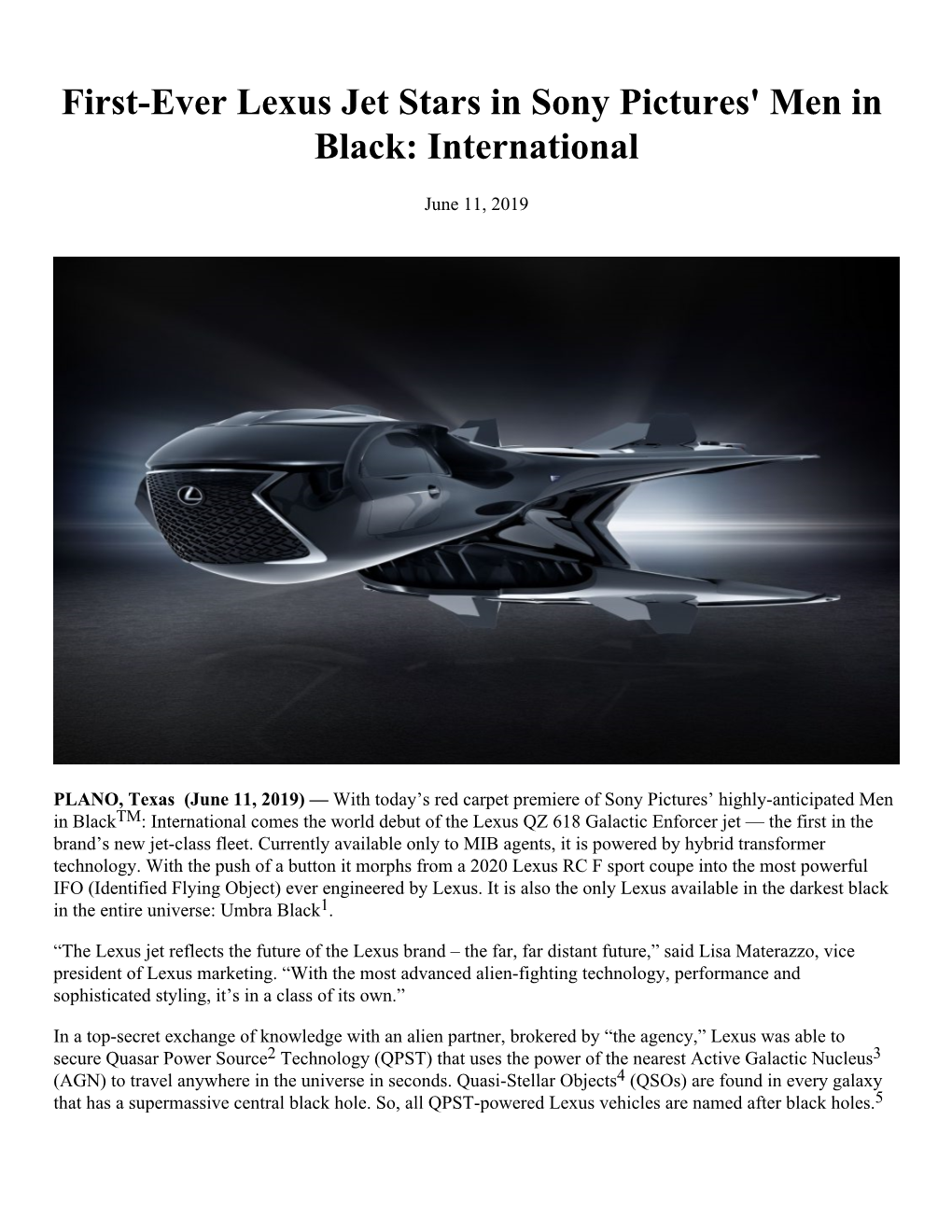 First-Ever Lexus Jet Stars in Sony Pictures' Men in Black: International
