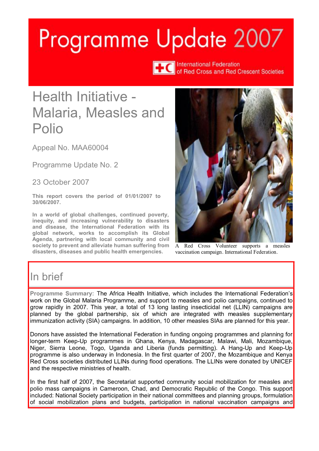 Health Initiative - Malaria, Measles and Polio