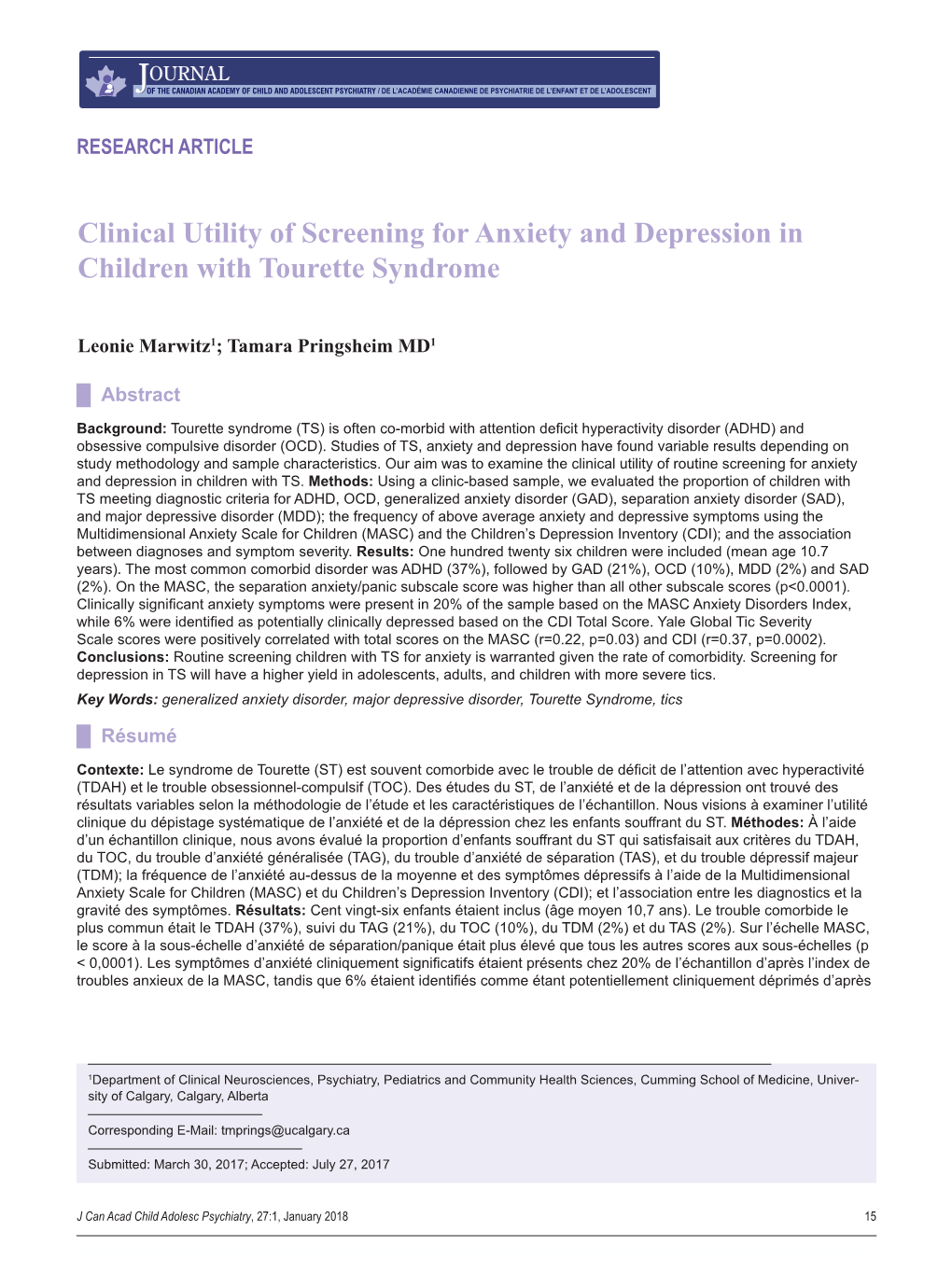 Clinical Utility of Screening for Anxiety and Depression in Children with Tourette Syndrome