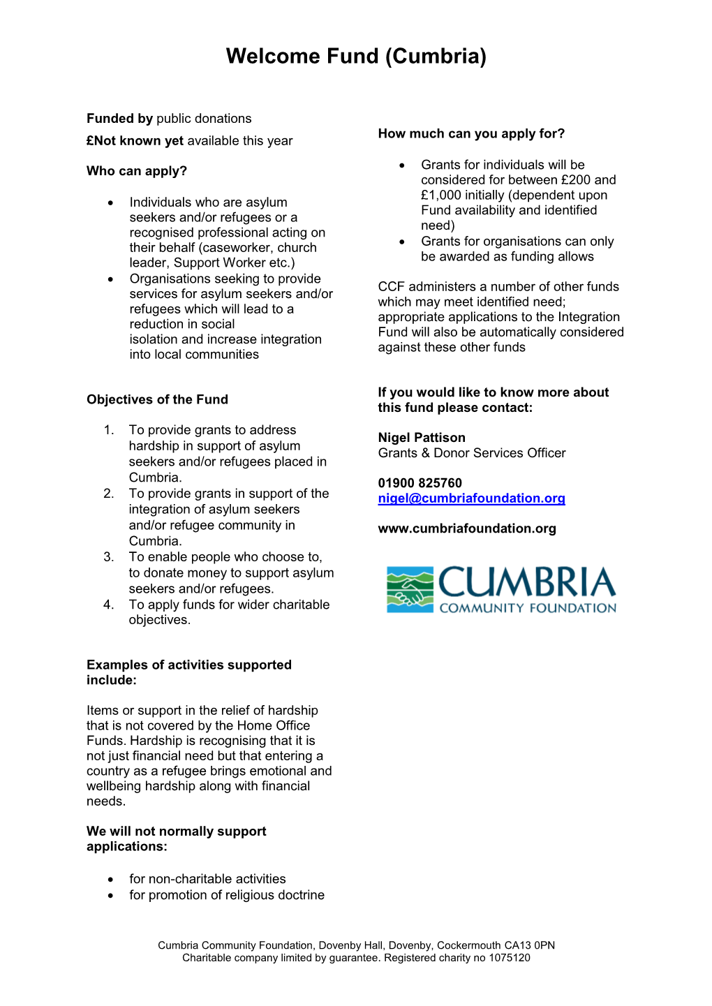 Criteria Sheet Welcome Fund Refugees