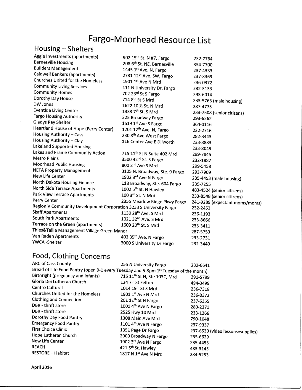 Fargo-Moorhead Resource List Housing - Shelters Aggie Lnvestments (Apartments) 902 15Th St