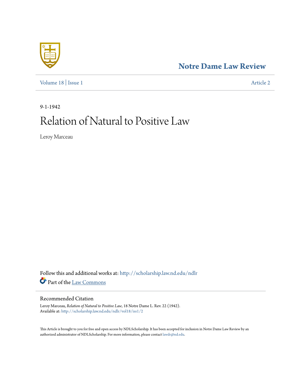 Relation of Natural to Positive Law Leroy Marceau