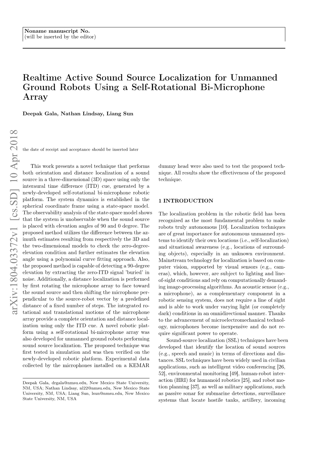 Realtime Active Sound Source Localization for Unmanned Ground