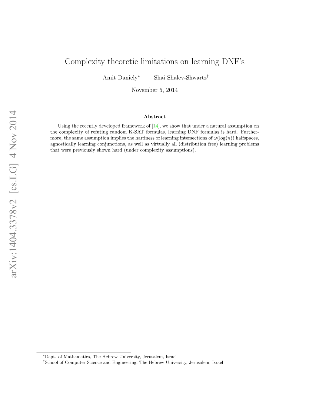 Complexity Theoretic Limitations on Learning DNF's