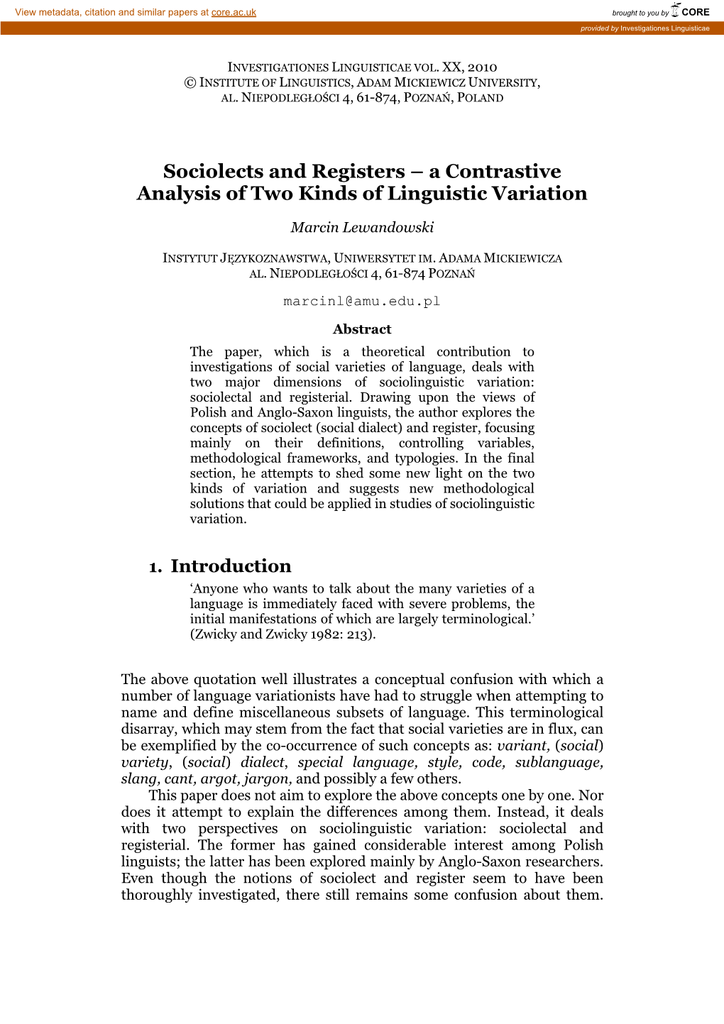 Sociolects and Registers – a Contrastive Analysis of Two Kinds of Linguistic Variation