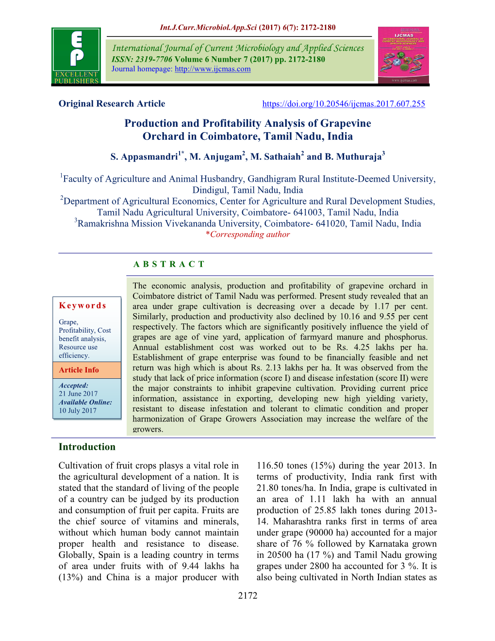 Production and Profitability Analysis of Grapevine Orchard in Coimbatore, Tamil Nadu, India