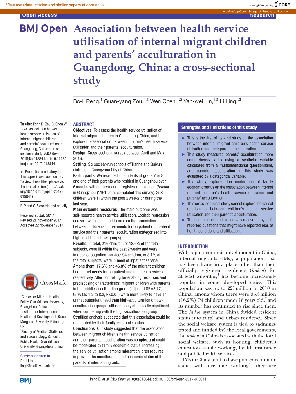 Association Between Health Service Utilisation of Internal Migrant Children and Parents’ Acculturation in Guangdong, China: a Cross-Sectional Study