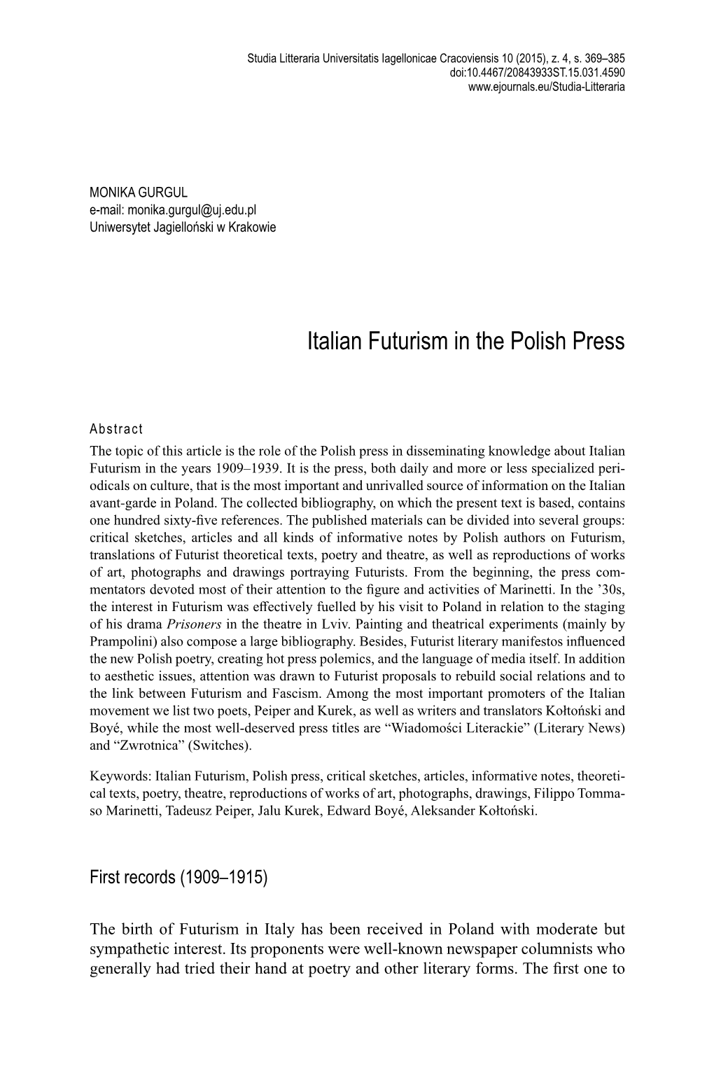 Italian Futurism in the Polish Press