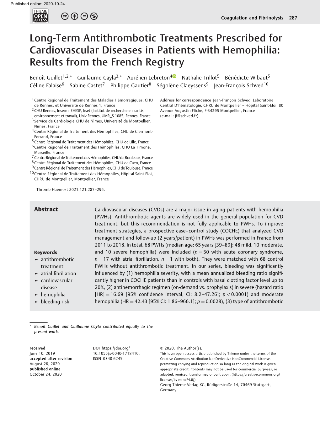 Long-Term Antithrombotic Treatments Prescribed for Cardiovascular Diseases in Patients with Hemophilia: Results from the French Registry