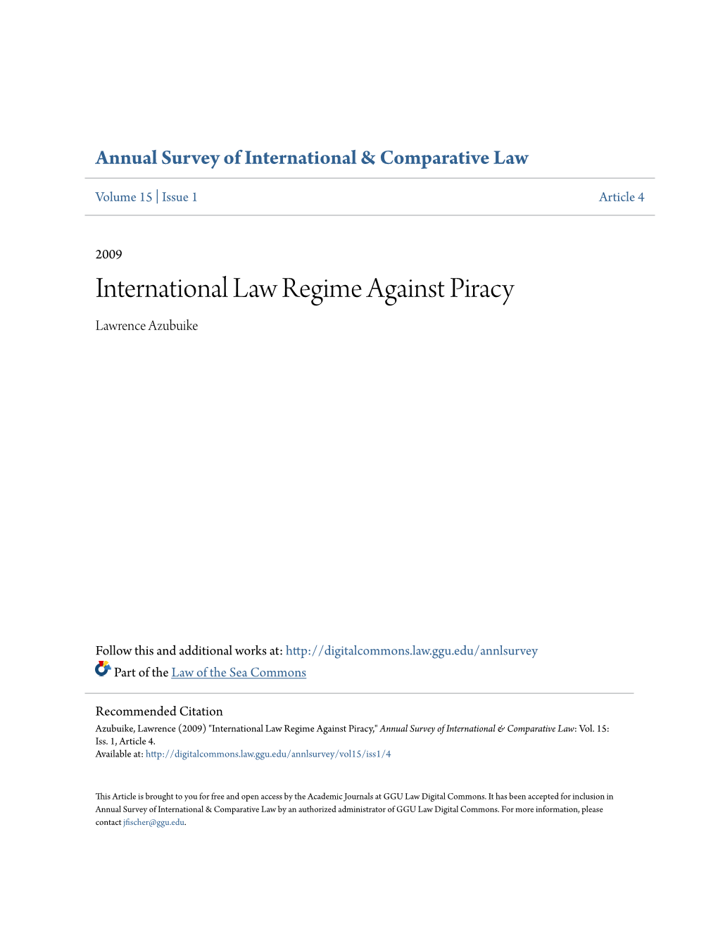 International Law Regime Against Piracy Lawrence Azubuike