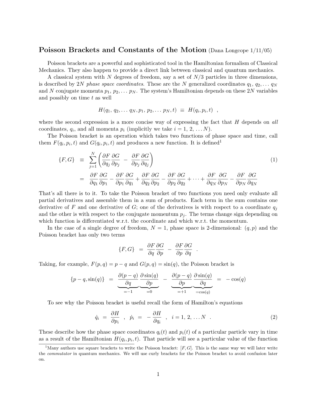 Poisson Brackets and Constants of the Motion (Dana Longcope 1/11/05)