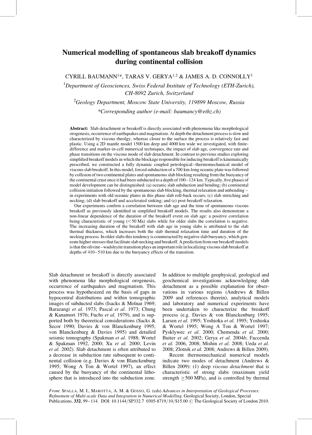 Numerical Modelling of Spontaneous Slab Breakoff Dynamics During Continental Collision