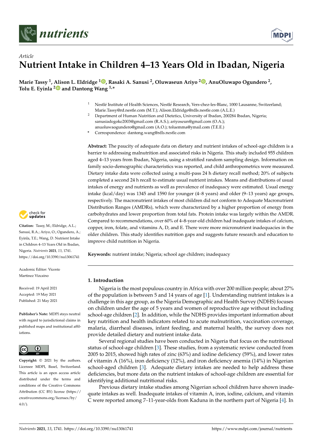 Nutrient Intake in Children 4–13 Years Old in Ibadan, Nigeria