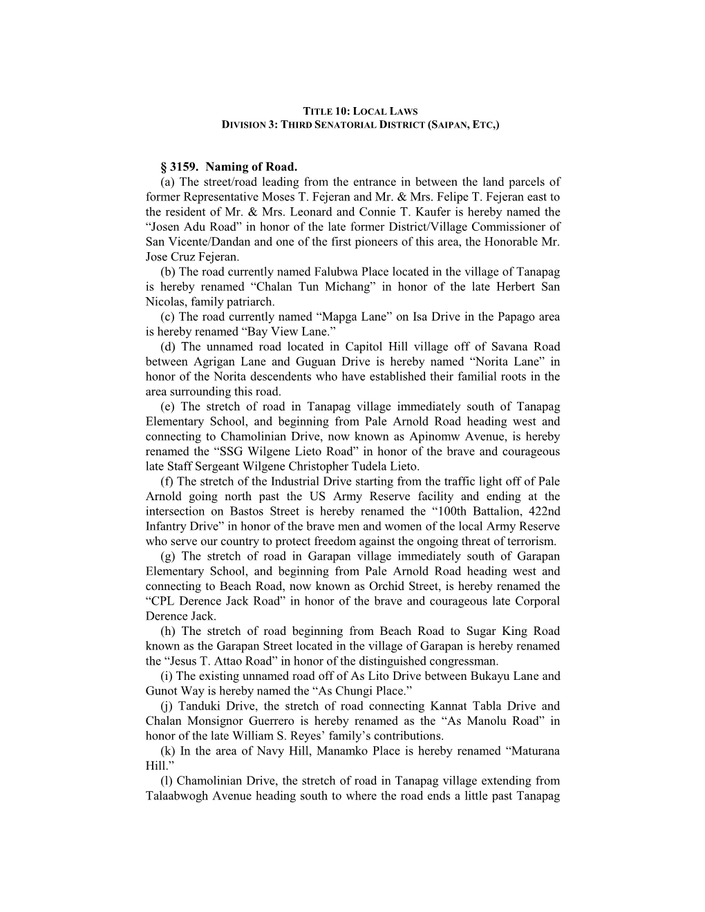 Title 10: Local Laws Division 3: Third Senatorial District (Saipan, Etc,)