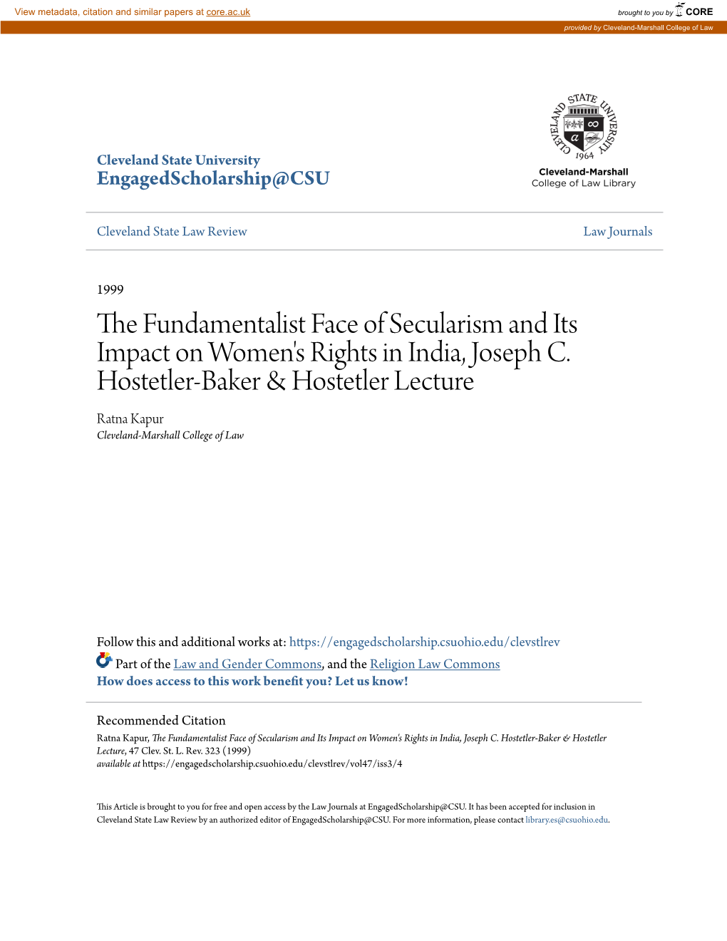 The Fundamentalist Face of Secularism and Its Impact on Women's Rights in India, Joseph C. Hostetler-Baker & Hostetler L