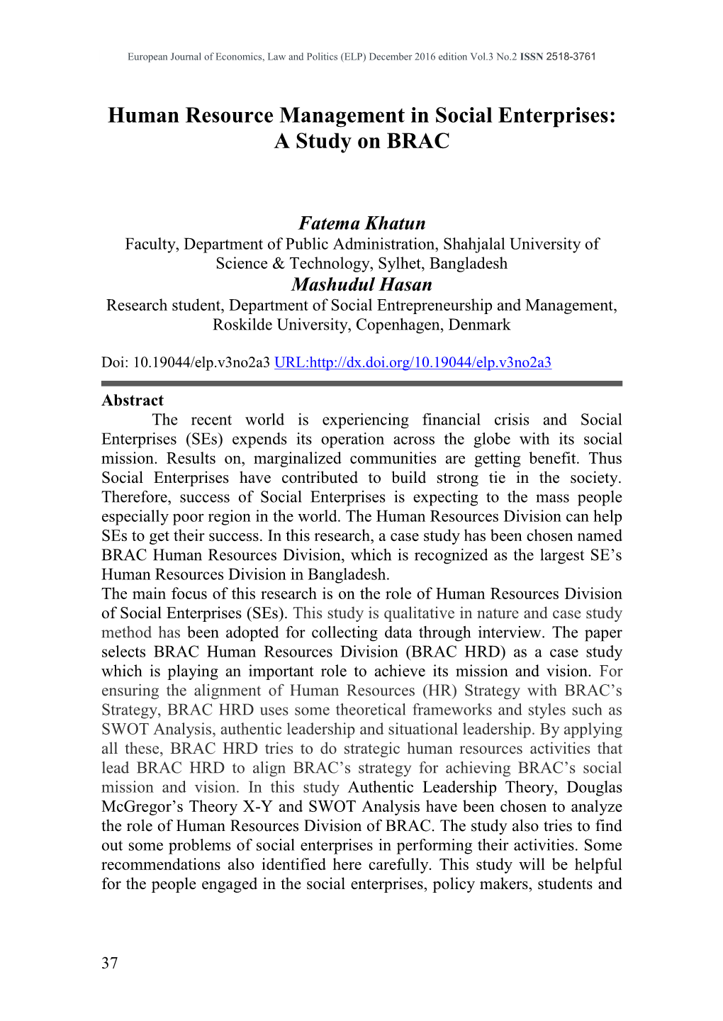 Human Resource Management in Social Enterprises: a Study on BRAC